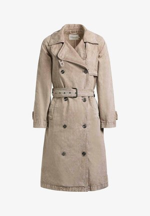 Trench coat doppiopetto beige con collo a revers, cintura in vita, polsini con bottoni e tasche laterali, realizzato in tessuto testurizzato.
