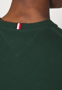 Zielony sweter z dzianiny z prążkowanym dekoltem, z pionowym paskiem w kolorach czerwonym, białym i niebieskim na plecach.