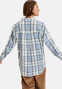 Camisa de cuadros azul y blanca, de manga larga, con cuello abotonado y detalle de pliegue en la parte posterior, hecha de un material de franela suave, de corte relajado.