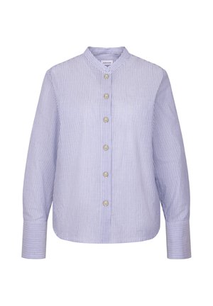 Blau-weiß gestreiftes Hemd mit langen Ärmeln, Stehkragen und sieben Knöpfen vorne, ausgestattet mit breiten Manschetten.