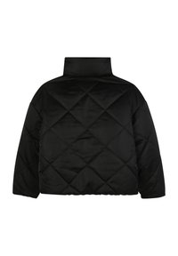 Czarna pikowana kurtka puchowa z wysokim kołnierzem, z diamentowym wzorem, w oversize'owym kroju i gładkiej, błyszczącej fakturze. Widok z tyłu.