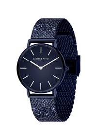 Marineblauwe horloge met een textuurstofband en een minimalistische ronde wijzerplaat. Bevat zilveren uurmarkeringen en een slanke, gepolijste kast.