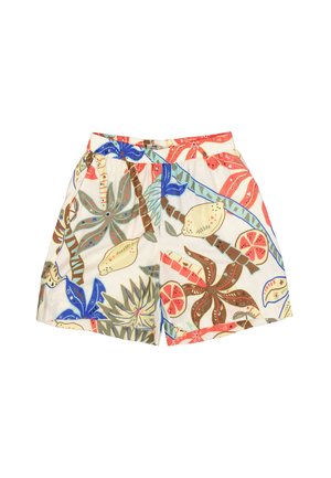 Geprinte zwembroek in crèmekleur, met kleurrijke illustraties van planten, fruit en schelpen, voorzien van een elastische tailleband en trekkoord.