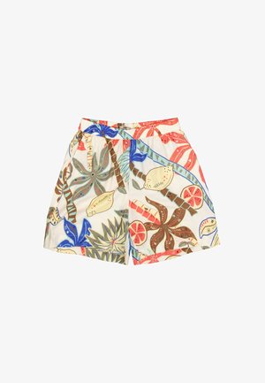 Geprinte zwembroek in crèmekleur, met kleurrijke illustraties van planten, fruit en schelpen, voorzien van een elastische tailleband en trekkoord.