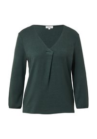 Haut vert à manches longues avec un col en V et un détail de plis subtil à l'avant. Fabriqué à partir d'un tissu texturé. Design simple et décontracté.