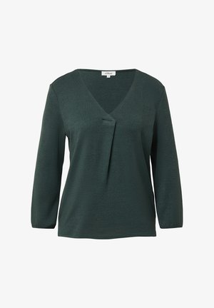 Ciemnozielony, długi rękaw z dekoltem w serek i detalem z zakładką z przodu. Wykonany z miękkiego, teksturowanego materiału o luźnym kroju.