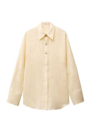 Chemise en lin jaune clair avec un col pointu, des manches longues, une fermeture frontale à boutons et un ourlet légèrement arrondi. Tissu texturé.