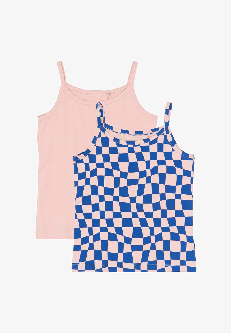 Divi bezroku topi ar plānām lencītēm, viens vienkrāsains gaisīgas rozā krāsā, otrs rozā ar zilas krāsas izkropļotu šaha dēļa rakstu.