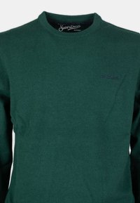 Maglione verde a maglia con scollo rotondo, con un piccolo logo ricamato viola sul lato sinistro del petto. Tessuto morbido e design aderente.