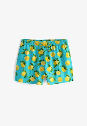 Turkizni kopalke z vzorcem limon in listov, elastičen pas in rumena vrvica. Narejene iz gladkega, lahkega materiala.