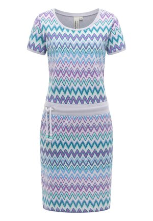 Kortærmet kjole med lilla, blågrøn og blå zigzag-mønster, rund halsudskæring og snøre-detalje i taljen.