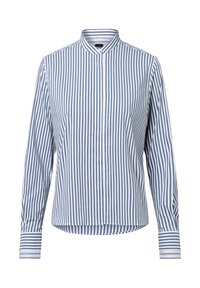 Collared long-sleeve shirt featuring vertical blue and white stripes, button placket, and contrasting striped cuffs. Soft fabric texture.