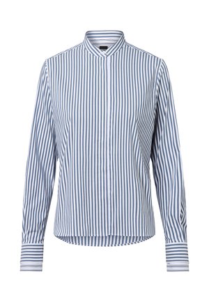 Kraag shirt met lange mouwen, voorzien van verticale blauw-witte strepen, knopenlijst en contrasterende gestreepte manchetten. Zachte stoftextuur.