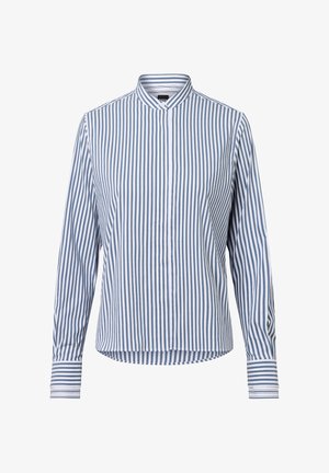 Kraag shirt met lange mouwen, voorzien van verticale blauw-witte strepen, knopenlijst en contrasterende gestreepte manchetten. Zachte stoftextuur.