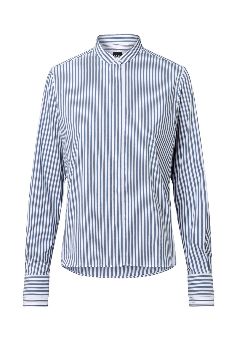 Collared long-sleeve shirt featuring vertical blue and white stripes, button placket, and contrasting striped cuffs. Soft fabric texture.