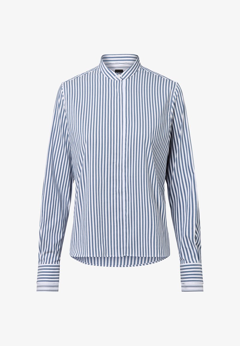 Collared long-sleeve shirt featuring vertical blue and white stripes, button placket, and contrasting striped cuffs. Soft fabric texture.