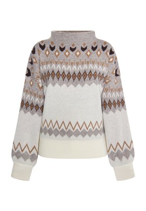 Neulepaita, jossa on korkea kaulus, harmaan, ruskean ja kermanvärisen geometrisen kuvion. Vankka, pehmeä rakenne ja ribbaatut hihansuut.