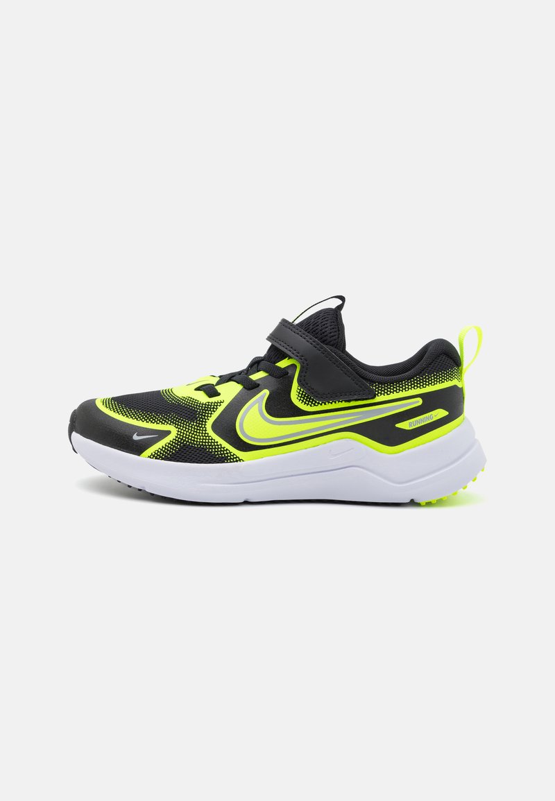 Chaussures de course noires et vert fluo avec une tige en maille, des accents synthétiques et une semelle blanche. Comprend une sangle ajustable et une semelle extérieure texturée.