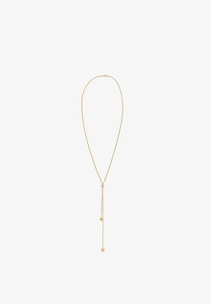 Naszyjnik w odcieniu złota z długim łańcuchem i dwoma okrągłymi akcentami na dole, gładką teksturą i minimalistycznym wzornictwem.