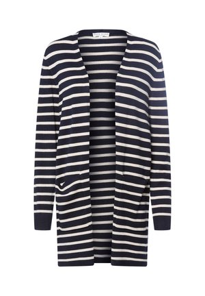 Sweter w paski w kolorach granatowym i kremowym, z otwartym przodem, długimi rękawami i dwiema kieszeniami z przodu. Wykonany z miękkiego dzianiny.