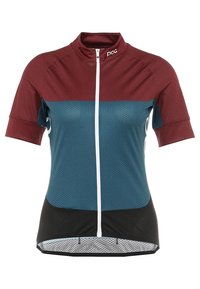 Lyhythihainen pyöräilypaita, jossa burgundin värinen yläosa, teal-värinen keskiosa ja musta alaosa. Valmistettu teksturoidusta, kosteutta siirtävästä kankaasta, jossa on etuvetoketju.