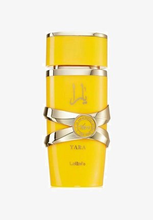 Keltainen parfumipullo, jossa on kiiltävä pinta, kultaiset korostukset ja soikea pohja. Etiketissä on selkeästi esillä nimi "YARA".