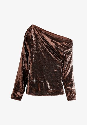 Bronze sequin top featuring an off-shoulder design, long sleeves, and a draped texture with a shiny finish.