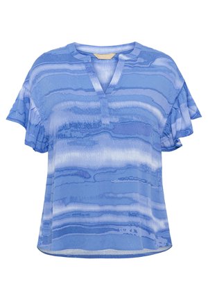 Zila rakstaina blūze ar īsām zvaniņveida piedurknēm, kurai ir dalīta kakla izgriezums un horizontālas svītras dažādās zilo toņos.