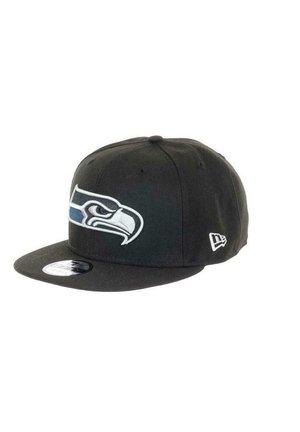 Black baseball cap featuring a raised embroidered Seattle Seahawks logo in white and blue on the front. Flat brim design.