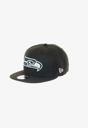 Black baseball cap featuring a raised embroidered Seattle Seahawks logo in white and blue on the front. Flat brim design.