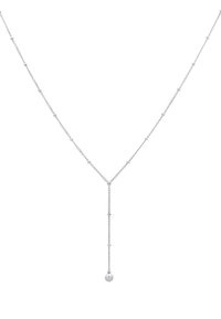 Zilveren ketting met een Y-vormig ontwerp, voorzien van kleine accenten langs de ketting en een ronde parel als hanger aan de onderkant.