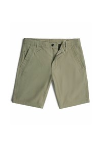 Pantaloni corti color khaki realizzati in un tessuto liscio; presentano due tasche laterali, una vita con bottoni e dettagli di cucitura delicati sul davanti.