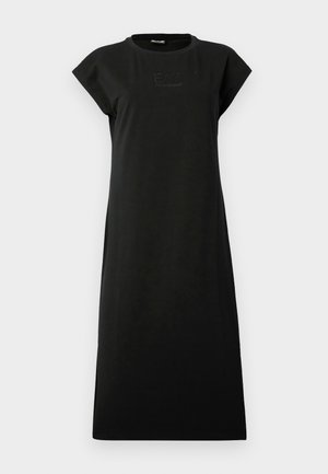 Black cotton dress with a straight shape, short cap sleeves, and a crew neck. Features illuminated logo detail on the front.