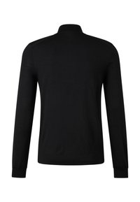 Schwarzes langärmeliges Poloshirt mit hohem Kragen, enganliegenden Bündchen und glattem, strukturiertem Stoff. Minimalistisches Design ohne Muster.