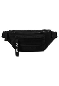 Sac banane noir avec deux poches avant zippées et une sangle ajustable, avec une languette noire et du texte blanc "YOUR."
