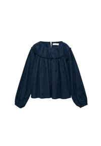 Marineblauwe blouse met lange opgezette mouwen, geraffineerde halslijn, gerimpelde rand en een geweven stof met subtiele verhoogde stippen. Ritssluiting aan de achterkant.