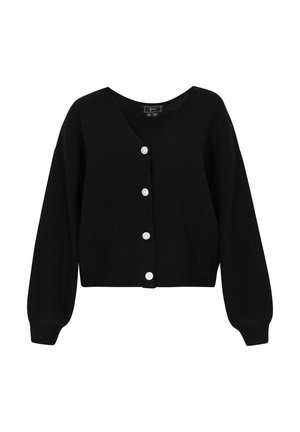 Czarny dzianinowy kardigan z dekoltem w kształcie litery V, pięcioma okrągłymi guzikami z pereł i długimi rękawami, charakteryzujący się skróconym krojem i żebrowanym dołem.