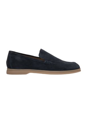 Marineblaue Wildleder Slipper mit glatter Textur, einer runden Zehenpartie und einer flexiblen, tanfarbenen Gummisohle. Dekorative Nähte entlang des Obermaterials.