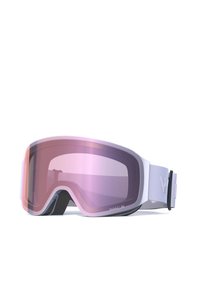 Skibriller med hvid og grå ramme, lyserøde tonede linser, blød skumfyldning og en justerbar rem med et logo.