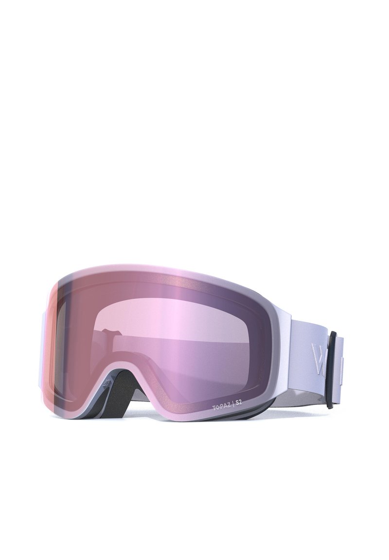 Skibriller med hvid og grå ramme, lyserøde tonede linser, blød skumfyldning og en justerbar rem med et logo.