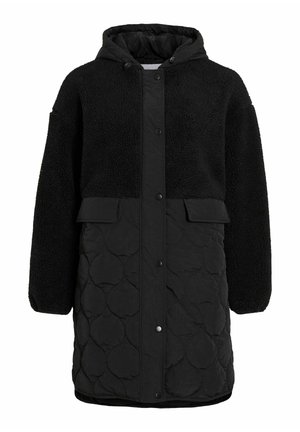 Manteau noir avec capuche, présentant un supérieur en shearling texturé et une section inférieure matelassée. Comprend des boutons-pression et un design taille cintrée.