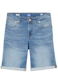 Shorts de mezclilla en lavado azul claro con una textura suave, cinco bolsillos, dobladillo enrollado y cierre de botón. Etiqueta de la marca visible en el interior de la cinturilla.