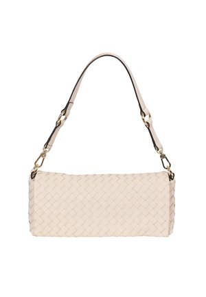 Gewebte Lederhandtasche in hellem Beige mit rechteckiger Form, ausgestattet mit einem doppelten Träger, goldfarbenen Beschlägen und einer strukturierten Oberfläche.