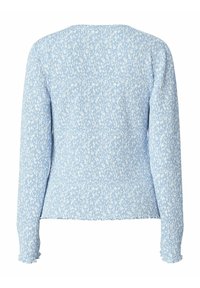 Top blu lungo con maniche, caratterizzato da un motivo floreale, tessuto testurizzato e design arricciato con polsini a volant. Vista posteriore mostrata.