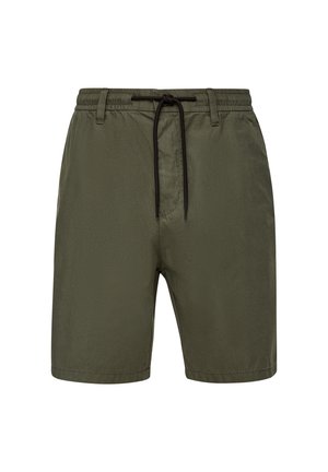 Men's olive green shorts made of lightweight material, featuring an elastic waistband, black drawstring, and simple design without pockets.