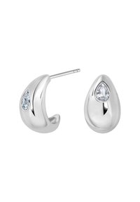Srebrne kolczyki w kształcie kropli z polerowanym wykończeniem, z przezroczystym akcentem z kamienia szlachetnego, zakrzywionym kształtem i zapięciem typu stud, zapewniającym pewne noszenie.