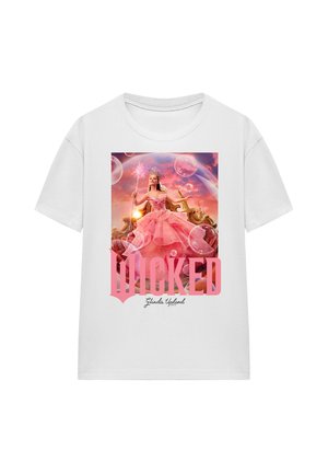 White T-shirt featuring Glinda in a pink gown with a crown and wand, surrounded by bubbles, with “WICKED” text and Glinda Upland below.