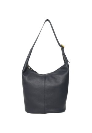 Borsa hobo in pelle di colore grigio scuro con una forma morbida. Presenta un'unica tracolla e dettagli in metallo dorato. Superficie liscia e lavorata.