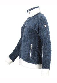 Marineblauwe fleecejas met witte ritskraag en boorden, voorzien van een rits aan de voorkant en twee zijzakken met zilveren hardware accenten.