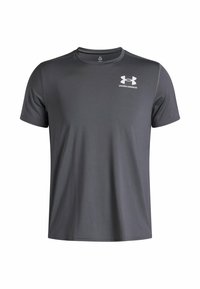 Harmaa urheilupaita, joka on valmistettu kevyestä materiaalista. Paidassa on pyöreä kaula-aukko, lyhyet hihat ja valkoinen Under Armour -logo rinnassa.